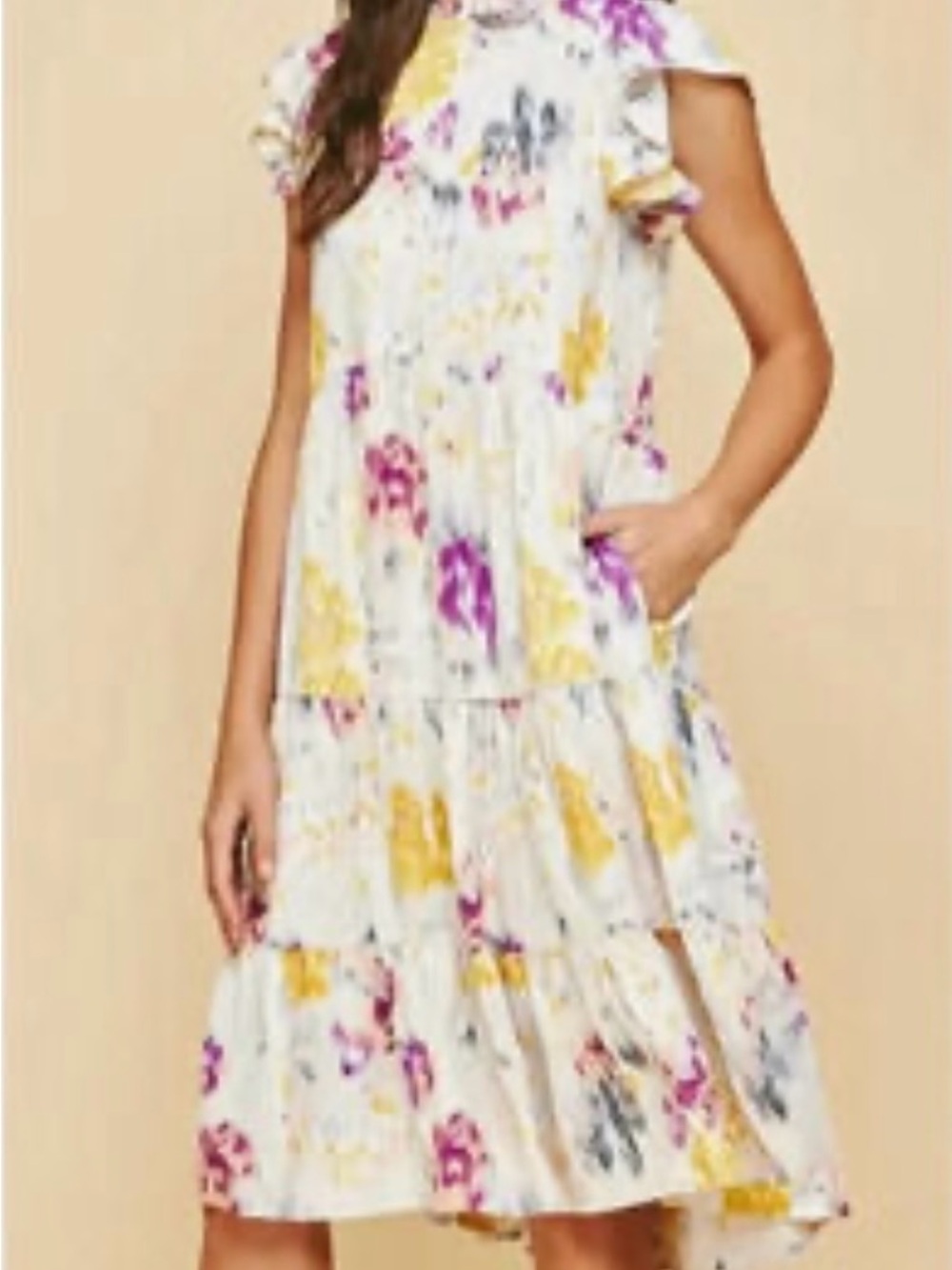 Pinch White Midi Dress with Pink & Yellow Floral Print